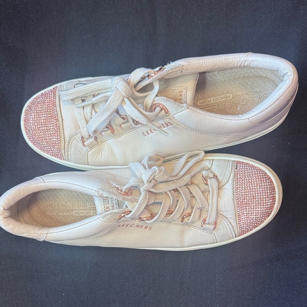 Skechers Street Los Angeles Cream Leather Pink Rhinestone Toe Sneakers Rose Gold - Picture 6 of 7